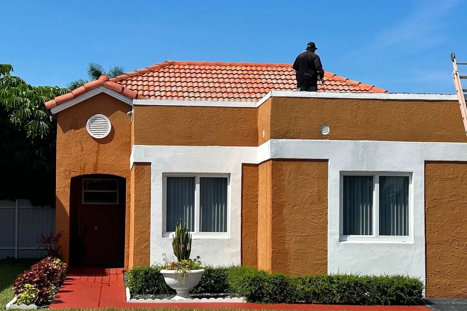 A tile roof before and after being cleaned and painted — before